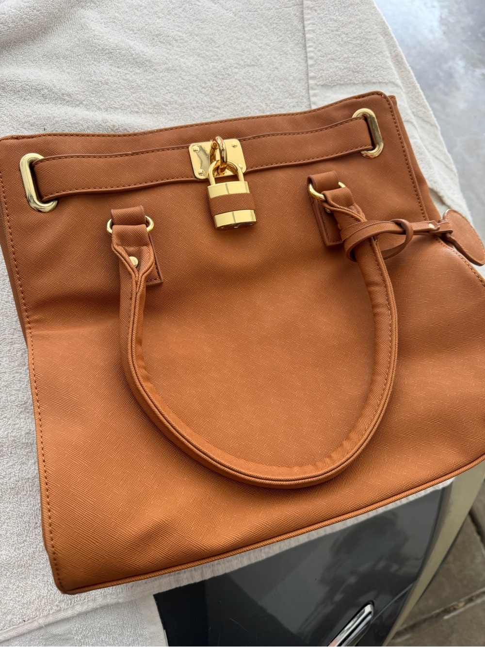 Structured Brown Leather Tote Bag with Gold Hardware - Picture 6 of 6